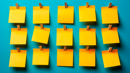 Yellow post its on a blue background with space to write text. - obrazy, fototapety, plakaty