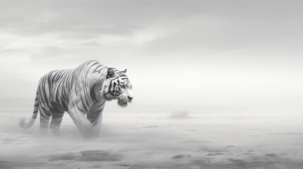 Albino Tiger Strolling Through a Misty Monotone Landscape