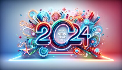 Happy New Year 2024 background, bright and colorful neon sign with the message "Happy New Year 2024," adorned with playful doodles and shapes.