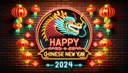 Chinese New Year 2024 background, brick wall with neon lights, Chinese New Year 2024, dragon elements with zodiac year of the dragon with hanging Chinese lanterns and festive decorations.