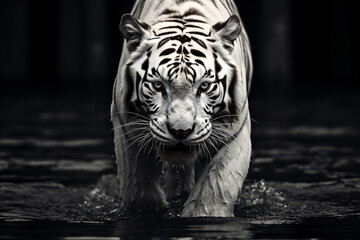 white tiger in water black and white