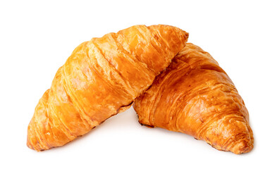 two piece of croissant in stack and cross shape isolated on white background with clipping path