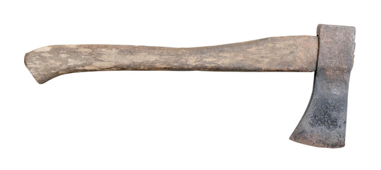 Old rust dirty dark gray axe with brown wooden handle isolated on white background with clipping...