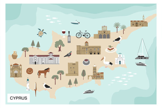 Color hand drawn illustrated map of Cyprus Island. Traditional buildings, food, transport, animals, birds and symbols. Bright design for tourist posters, banners, prints