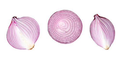 Top view of fresh red or purple onion halves and quarter in set isolated on white background with...