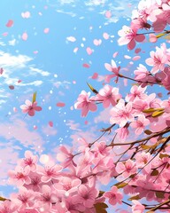 Spring cherry blossoms blooming on a pink background