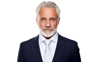 Portrait studio shot of an attractive senior businessman showing positive facial expressions, isolated on a transparent PNG background.