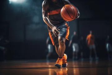 Fotobehang basketball player with a ball on a dark background, Basketball player holding the ball, on a dark background, Basketball player. Sports banner, american basketball player  © MH