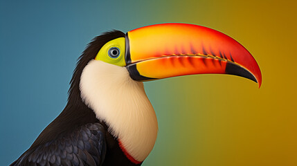 An exotic toucan with its large beak, set against a solid beige background, highlighting its unique features