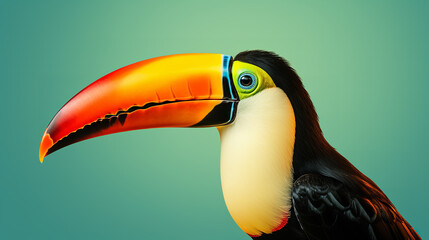  An exotic toucan with its large beak, set against a solid beige background, highlighting its unique features