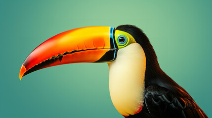Naklejka premium An exotic toucan with its large beak, set against a solid beige background, highlighting its unique features