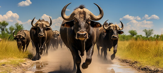 African buffalo herd, clear sunny day