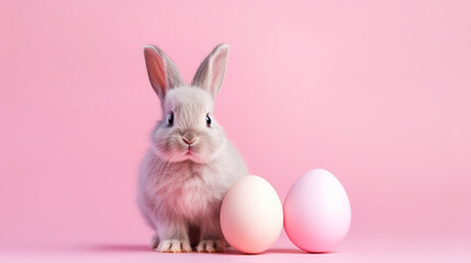 Baby bunny sitting with easter egg on empty pink background