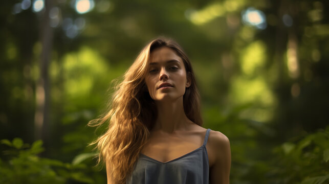 A serene image of a female model posing in a lush, green forest