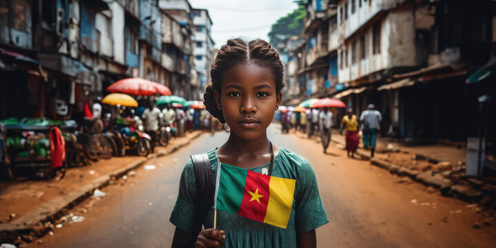 Cameroonian girl holding Cameroon flag in Douala
