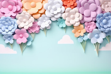 Birthday background, 3D paper-cut flowers in pastel colors, a rainbow in the middle, clouds
