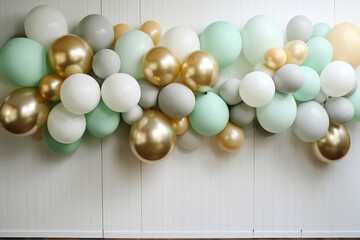 Birthday balloon garland baby style pastel colors beige mint gold gray light