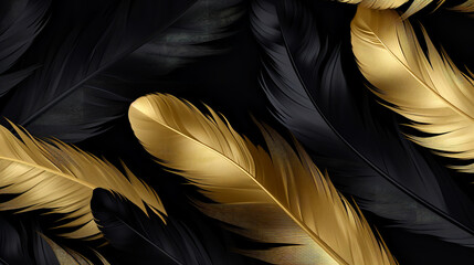 Black and gold feathers background as beautiful abstract wallpaper header