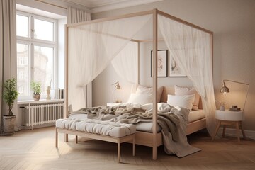 A Scandinavian-inspired bedroom with a canopy bed, muted color palette, and subtle geometric patterns for a dreamy atmosphere
