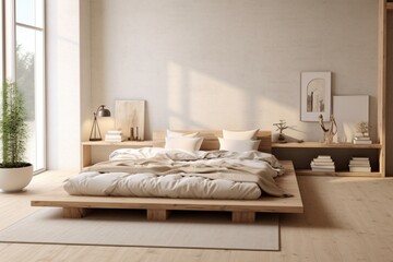 A Scandinavian-inspired bedroom with a platform bed, neutral hues, and minimalistic decor for a tranquil sleeping space