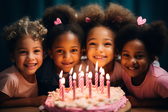 Children celebrating their birthday on top of birthday cake with candles