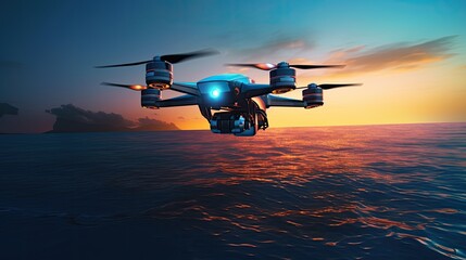 a military drone flying over sea - obrazy, fototapety, plakaty