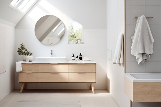 A Scandinavian bathroom with clean lines, minimalist fixtures, and subtle pops of color, exuding a sense of calm and serenity