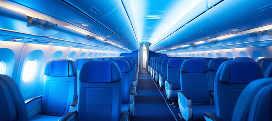 Front view row of modern airplane cabin interior with glow normal light ambient, blue theme, sunny clear day