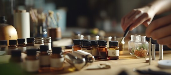 close-up view of ampoules with medicine on wooden table - obrazy, fototapety, plakaty