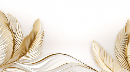 Luxury golden botanical background. Tropical leaves in golden lines on a white background