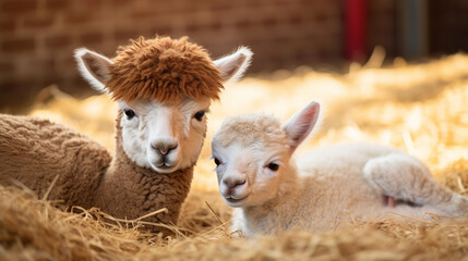 Newborn baby alpaca and mother alpaca lie on the hay on the farm, photo