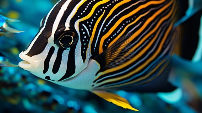 A close-up of a Moorish Idol's intricate, vibrant patterns and colors in crystal-clear
