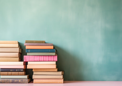 Old books lavish pink blue green covers lined on sheld pastel pink wall background
