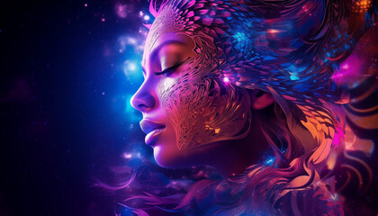 Beautiful Woman Hybrid in Galaxy Virtual Reality Futuristic