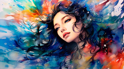 Fototapeta premium Painting of a beautiful Asian Woman gazing dreamily into space