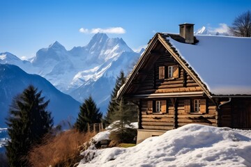 a beautiful scenic old wooden lodge house covered with snow on in rural on top of the snowy mountain in winters