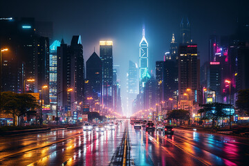 multicolor image of urbcityscape engulfed in thick fog, showcasing towering skyscrapers, diffused...