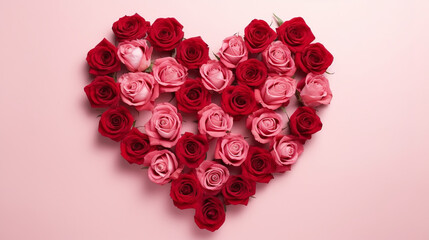 Top view of a frame of red roses in the shape of a heart on a pink background, photo,