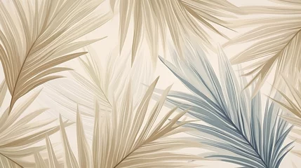 Fotobehang Tropical palm leaves. Beige leaves on a light background. Mural, Wallpaper for internal printing. © Nate