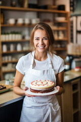 Young woman baker holding a simple cake smiling in her shop, female business owner