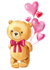 Cartoon cute Teddy bear and heart balloons isolated background. Watercolor hand drawn illustration. Valentine's Day Card