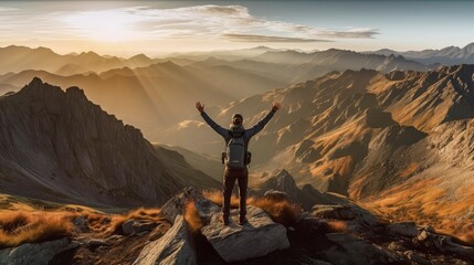 Man stretching arms on mountain