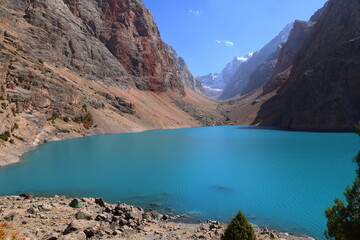 Big Allo lake surrounded with 5000 meters high peaks in Fann Mountains, in local language called Bolshoi Allo, Tajikistan