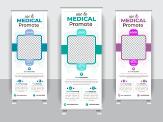 Medical Roll up banner design template, Presentation concept, modern standee and flag banner, infographics, Poster for conference, forum,  shop vector illustration.