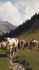 Fototapeta na wymiar Cows grazing on lush green meadows field at farmland on Alpine mountains background.