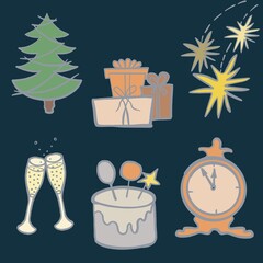 christmas icons set holiday, birthday, new year, clock, glasses of champagne, tree, cake, fireworks, gifts in boxes, fun, happiness, joy