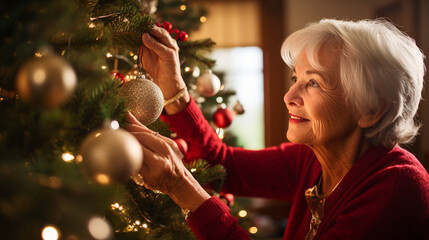 Capture a hyper-realistic high-quality photograph of a senior woman as she decorates a Christmas tree. The photo should convey the warmth, nostalgia, and festive spirit of holiday preparations as expe
