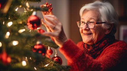 Capture a hyper-realistic high-quality photograph of a senior woman as she decorates a Christmas tree. The photo should convey the warmth, nostalgia, and festive spirit of holiday preparations as expe