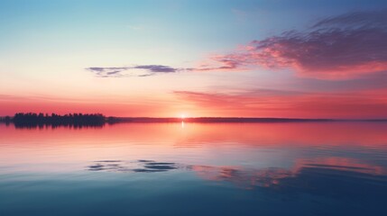 Naklejka na ściany i meble A sunset over a calm lake, colorful reflections on the water, mountains on the background, landscape photography, wallpaper
