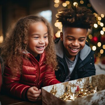 Two Black Children Opening Christmas Decorations